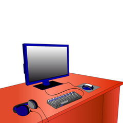Desktop for computer with monitor and mouse and headphones, on white background.Vector