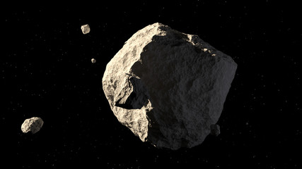 big and small asteroids on black background 3d illustration © alexyz3d