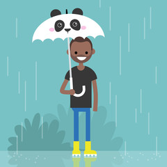 Young smiling black character holding an umbrella with panda muzzle / flat editable vector illustration, clip art