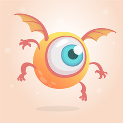 Cute bright monster or alien with one eye. Cartoon funny doodle flying cyclop smiling.Yellow vector illustration isolated