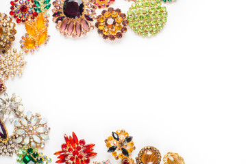 Lot of antique brooches, background, copy space