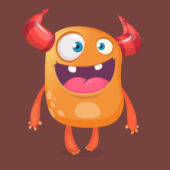 Cartoon monster. Orange horned monster. Vector illustration. Halloween design for emblem, print or sticker decoration