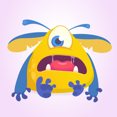 Sad cartoon monster character. Halloween vector blue yellow alien with one eye 