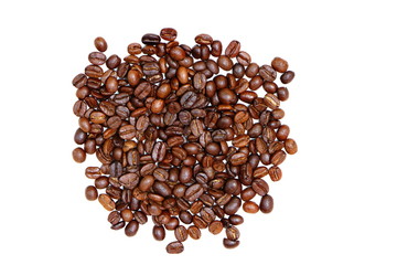 Group of roasted coffee beans pile isolated on white background