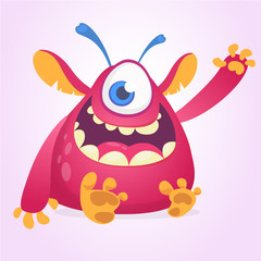Happy cartoon monster mascot. Halloween vector pink alien with one eye waving