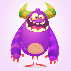 Cute cartoon fat monster. Purple and horned vector alien character. Design for icon, emblem, sticker or children book illustration. Halloween design