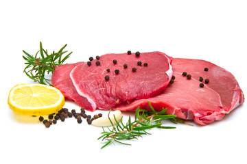 raw sliced beef white background