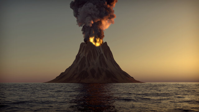 Volcano eruption on an island in the ocean 3d illustration