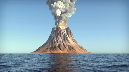 Fotobehang Volcano eruption on an island in the ocean 3d illustration © alexyz3d