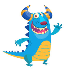 Fototapeta premium Happy cartoon blue monster mascot. Halloween vector illustration isolated