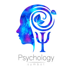 Modern head Logo sign of Psychology. Profile Human. Green Leaves. Letter Psi . Symbol in . Design concept. Brand company. Blue color isolated on white background. Icon for web, logotype.
