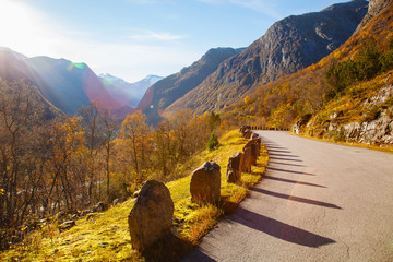 sunny autumn at Gamle Strynefjellsvegen, National tourist road, Norway