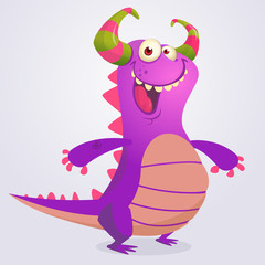 Happy cartoon violet dragon. Vector monster dragon illustration