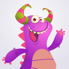 Happy cartoon violet dragon. Vector monster dragon illustration for Halloween