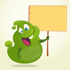 Cartoon illustration of a ghost holding blank wooden sign. 