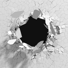 Fototapety  Pęknięta betonowa ściana z dziurą po kuli. Zniszczenie abstrakcyjne tło