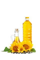 Beautiful sunflowers and sunflower oil on a white background.