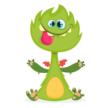 Cartoon dragon monster with tiny wings.Furry green dragon vector illustration. Halloween design