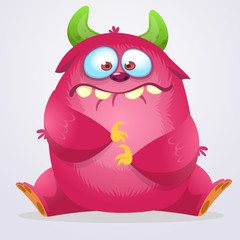 Happy cartoon monster. Vector Halloween pink furry monster