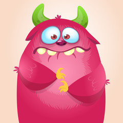 Happy cartoon monster. Vector Halloween pink furry monster. Cute goblin or troll