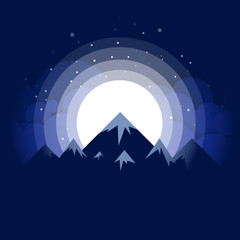 Illustration of the snow-capped mountains against the background of the full moon among the clouds at night. Mountain landscape