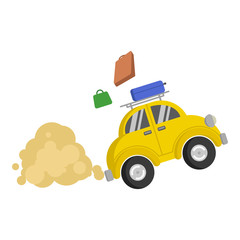 Picture isolated of a small yellow car that quickly rides and from it pdpyut suitcases