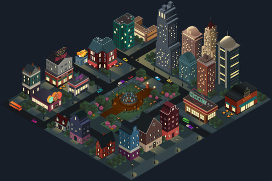 Isometric Design of City Streets and Buildings at Night
