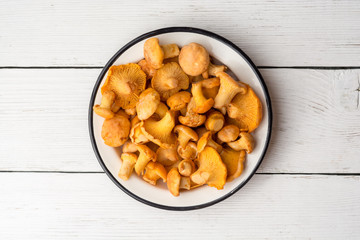 Raw mushrooms chanterelle in plate on white wooden background.