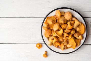 Raw mushrooms chanterelle in plate on white wooden background.