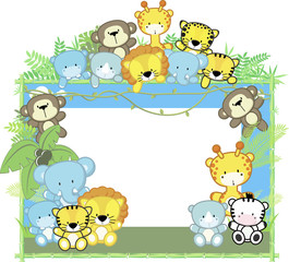 cute baby animals, jungle plants and bamboo frame, children's design