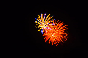 Orange, yellow, blue and pink fireworks shine bright in the sky