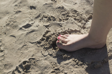 Lady's feet in sandals on beach
