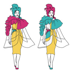 Woman fashion model on the catwalk, vector sketch illustration