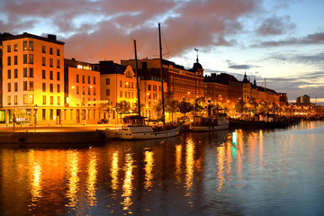 Harbor at night in Helsinki, Finland