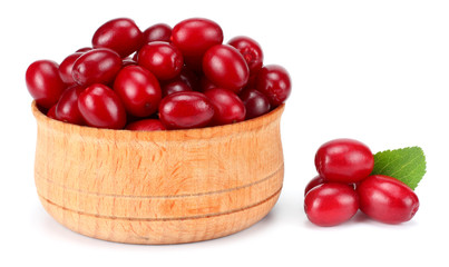 dogwood berries in wooden bowl isolated on white background