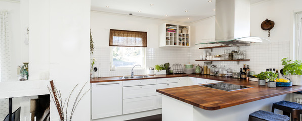 horizontal banner of fancy kitchen with wooden counter top