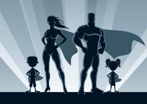 Superhero Family Silhouettes / Superhero family posing in front of lights. 