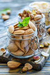 Almonds and pistachios in the shell.