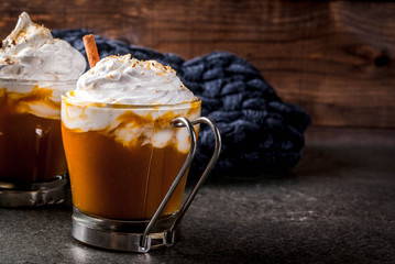 Traditional autumn dishes. Halloween, Thanksgiving. Hot and spicy aromatic pumpkin latte with cinnamon on black stone table, with blanket. Copy space