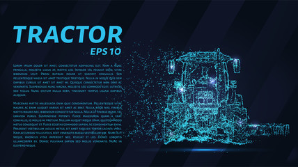 The tractor which consists of points. Particles in the form of a tractor on a dark background. Vector illustration. Graphic concept of the agricultural business