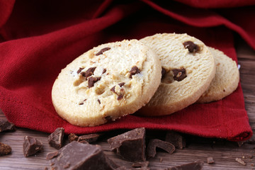Chocolate chip cookies on table freshly baked