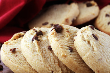Chocolate chip cookies on table freshly baked