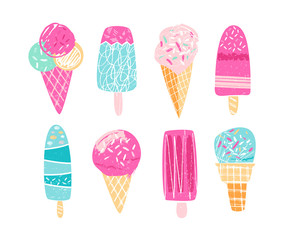 Different ice creams illustration in hand drawn style. Icecream with topping in waffle cone and on the stick. Vector art.