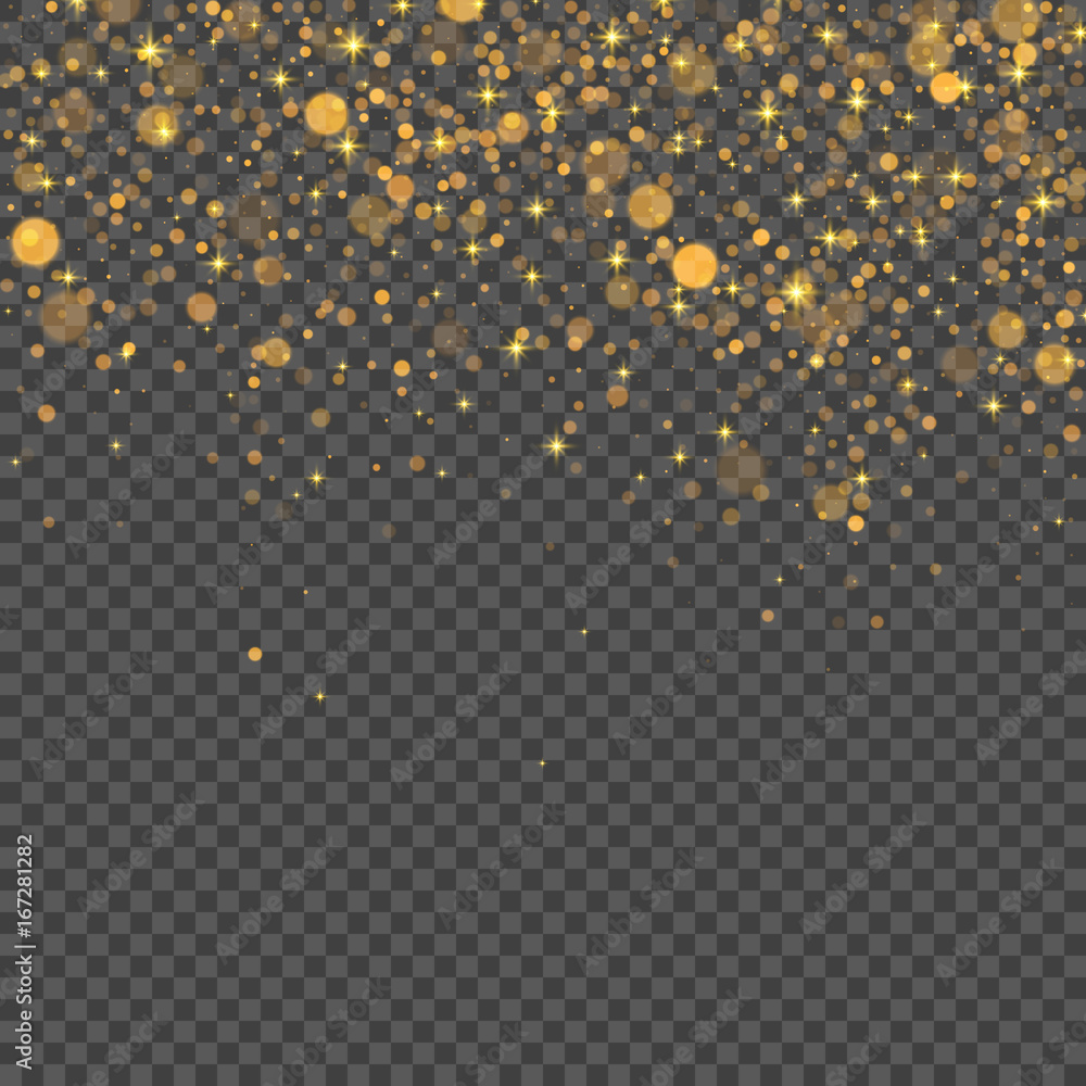 Poster gold abstract bokeh background. vector transparent light effect.