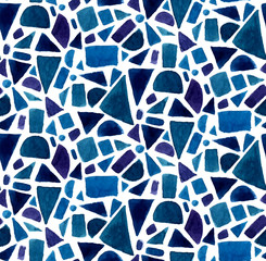Blue geometry pattern with watercolor painted mosaic shapes. Vector seamless background