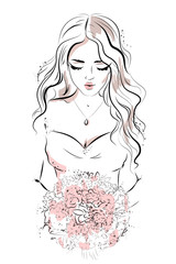 Beautiful young woman portrait. Hand drawn fashion woman. Sketch. Vector illustration.
