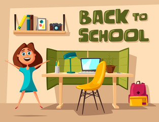 Schoolgirl learns lessons at home. Cartoon vector illustration