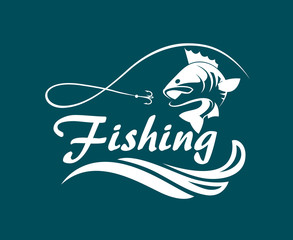 fishing emblem with bass, waves and hook