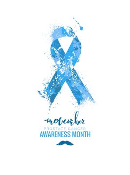 Prostate Cancer Awareness Ribbon. Watercolor blue ribbon, prostate cancer awareness symbol, isolated on white. Vector illustration