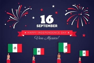 Obraz premium 16 September. Mexico Happy Independence Day greeting card. Celebration background with fireworks, mexican flags and text. Vector illustration